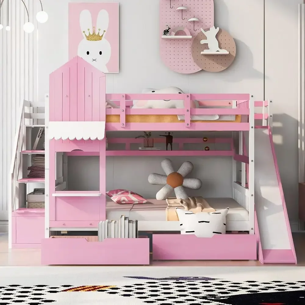 Bunk Bed With Stairs And Slide - Dwupoziomowe łóżko dla dzieci z schodkami,